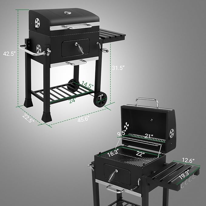 Charcoal Grill, BBQ Smoker with Handle and Side Table, Perfect for Outdoor Patio, Garden and Backyard Grilling, Black