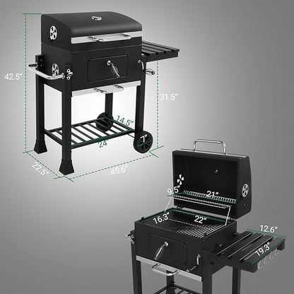 Charcoal Grill, BBQ Smoker with Handle and Side Table, Perfect for Outdoor Patio, Garden and Backyard Grilling, Black