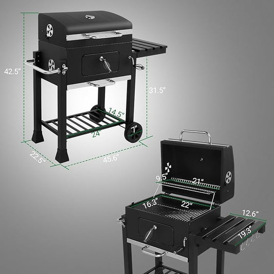 45.6" Charcoal Grill with Foldable Side Table,Metal Outdoor Barbecue Smoker,Portable Vertical Charcoal Smoker Grill,Heavy Duty Outdoor BBQ Grill,with Wheels,for Garden Patio Beach Backyard (Black)