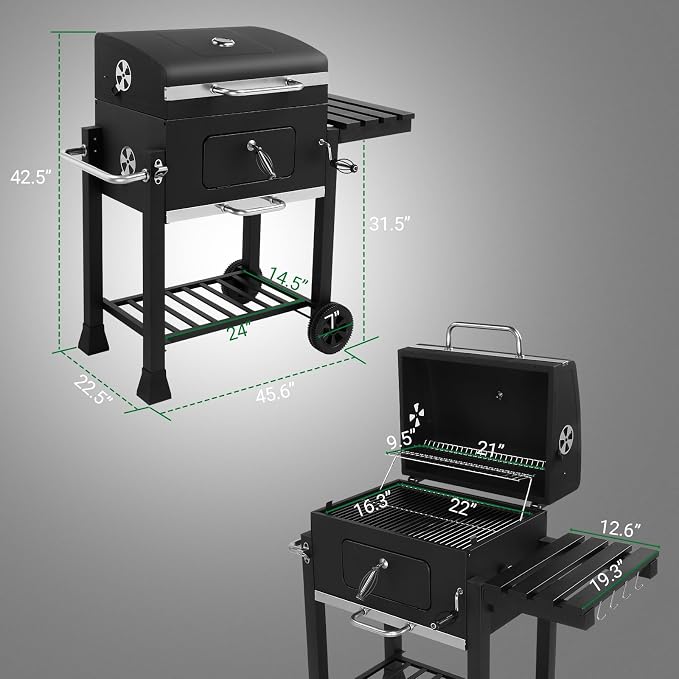Charcoal Grill with Foldable Side Table and Wheels, Heavy-duty Outdoor BBQ Grill for Backyard, Patio, Garden, and Picnic Cooking, Black