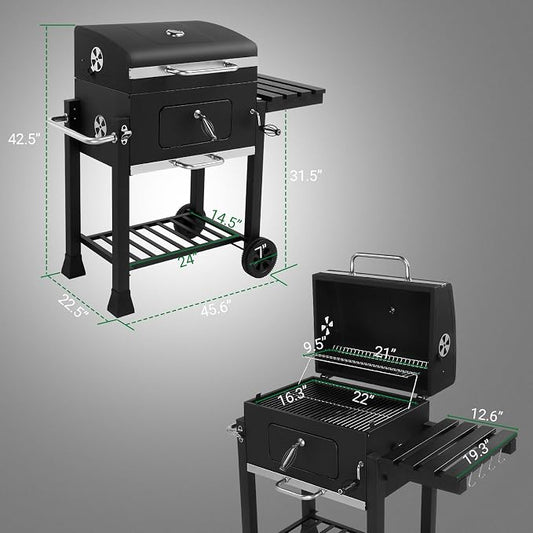 Charcoal Grill with Foldable Side Table and Wheels, Heavy-duty Outdoor BBQ Grill for Backyard, Patio, Garden, and Picnic Cooking, Black