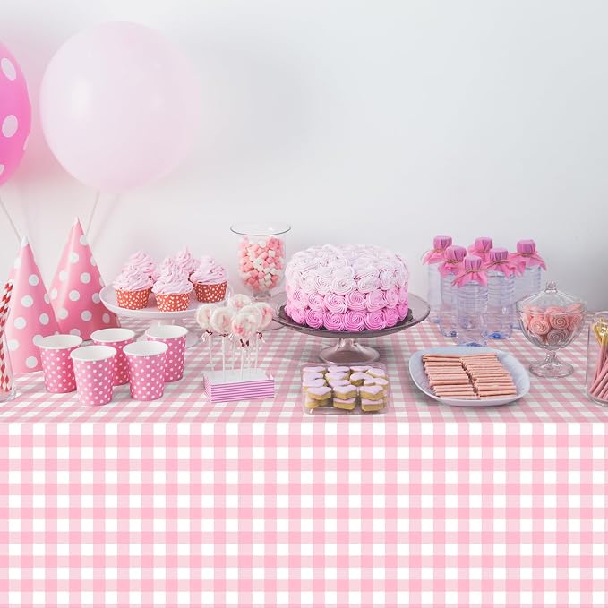 3Pcs Pink Gingham Tablecloths, Checkered Party Table Covers 54x108 In | Pink and White Checkered Tablecloths Disposable Waterproof for Baby & Bridal Shower Picnic Camping Girls Birthday Party