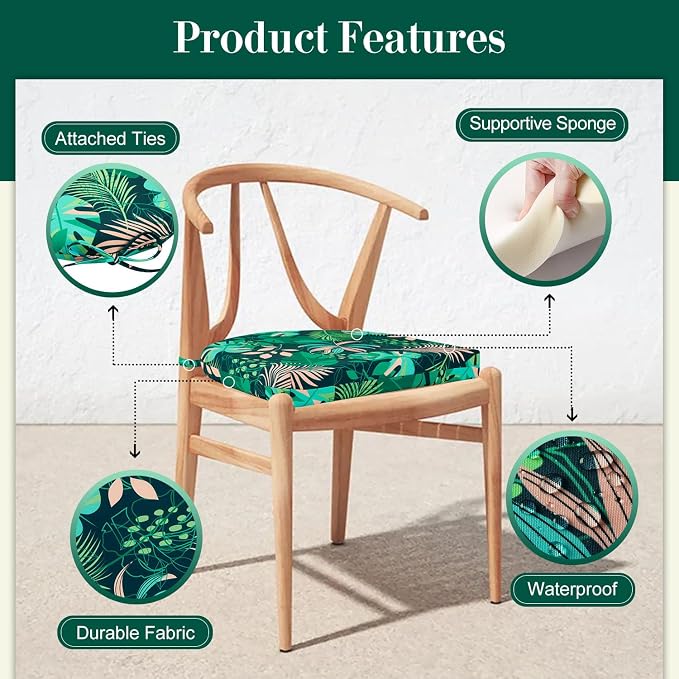 Cozyide Outdoor Chair Cushions, Waterproof Patio Seat Cushions with Adjustable Straps, Round Corner Patio Chair Cushions for Garden, Green Leaf, 17x16x2 Inch (Pack of 4)