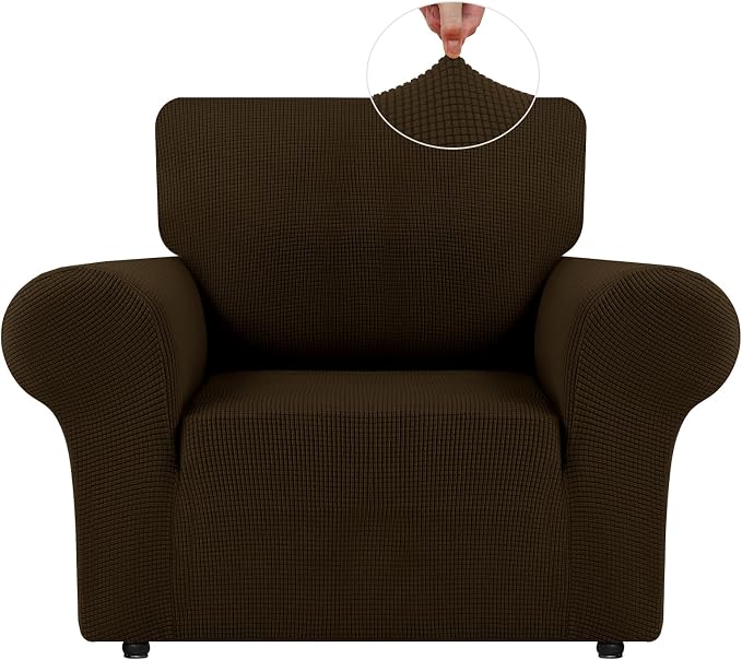 LURKA Stretch Chair Cover for Sofa, 1 Piece Armchair Slipcover, Brown | Soft Stretch Jacquard, Fits 31"-55" Armchairs, Elastic Bottom for Secure Fit, Machine Washable, Pet & Kid Friendly