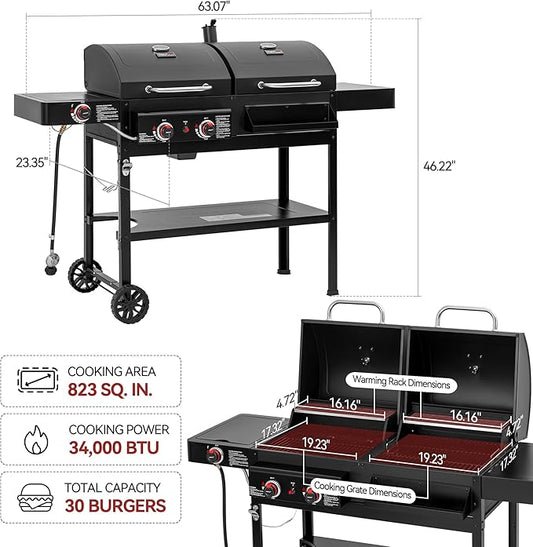 ZH3005 2-Burner Gas and Charcoal Combo Grill with Side Burner, 34,000 BTU Dual Fuel Grill, 823 Sq. In. Cooking Area, for Outdoor Patio Garden Picnic Backyard Cooking, Black