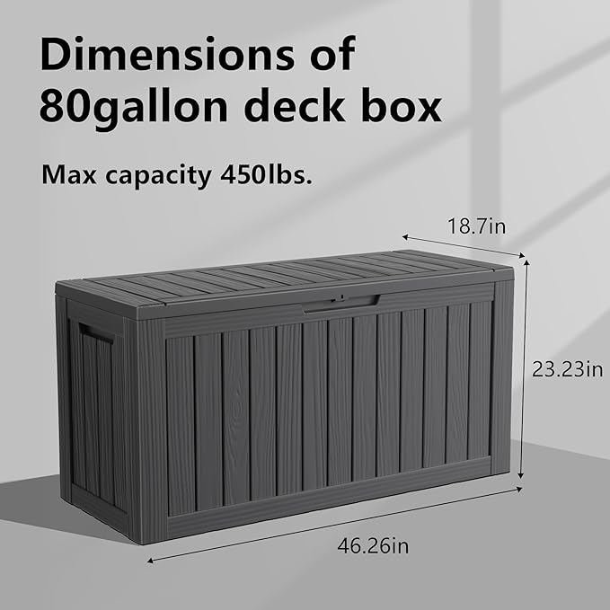 PatioZen 80 Gallon Resin Deck Box, Lockable Outdoor Storage Box for Patio Cushions Storage Furniture,Garden Tools, Pool Supplies, Weatherproof and UV Resistant (Black)