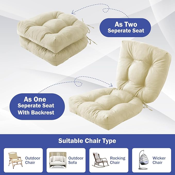 IPYNBAP Outdoor Chair Cushions Set of 2, Patio Chair Cushions with Ties, 17x17+4” Tufted Outdoor Seat Cushions, Waterproof Patio Furniture Cushions, Outdoor Dining Chair Pads, Beige (Pack of 2)