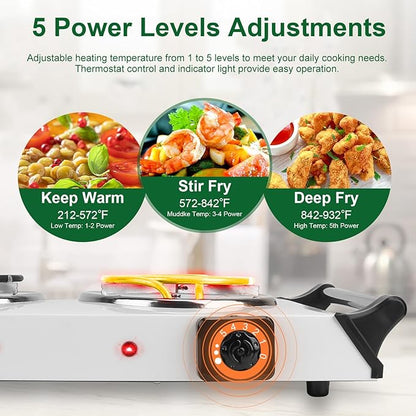 2000W Double Burner Electric, Portable Hot Plate for Cooking, Cooking Stove with 5 Temperature Adjustments, Countertop Burner Cooktop for Kitchen, Dorm (2Burner_White, 21x10x4")