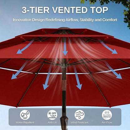 10ft Patio Umbrella, 3 Tier Outdoor Market Table Umbrellas with 8 Fiberglass Ribs and Push Button Tilt, Windproof, Vented Canopy, UV Protection for Deck, Pool, Backyard