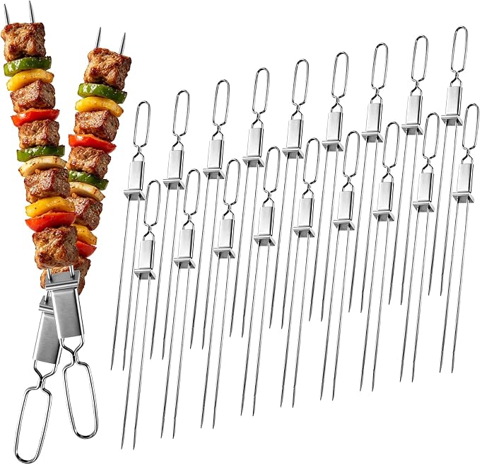 Metal Skewers, 16"（20PCS）, Double Pronged Flat Stainless Steel with Slider