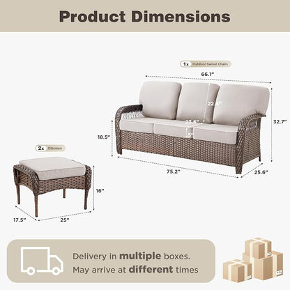 Belord Luxury Outdoor High Back Couch with Ottoman, All-Weather Wicker 3-Seater Sofa, 3 Piece Patio Conversation Furniture Set,Beige