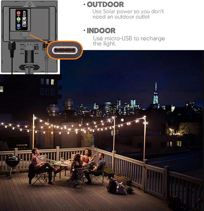 Sunlitec Solar String Lights Waterproof LED Indoor/Outdoor Hanging Umbrella Lights with 30 Bulbs - 50 Ft Patio Light for Deckyard Tents Market Cafe Gazebo Porch Party Decor