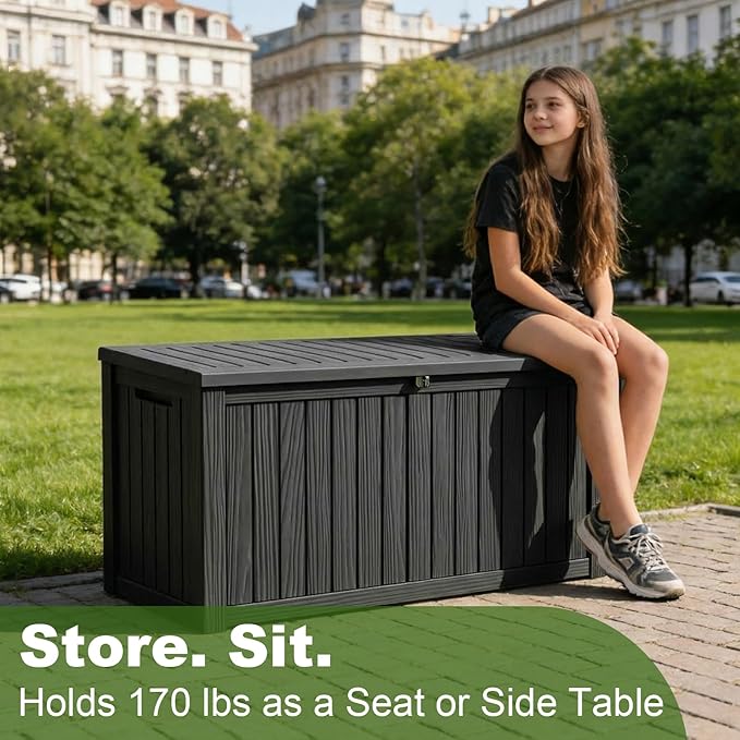 Vixzen 180 Gallon Deck Boxes Outdoor Waterproof, Resin Lockable Storage Box for Patio Cushions Storage Furniture, Garden Tools, Pool Supplies, Weatherproof and UV Resistant (Black, 180 Gallon)