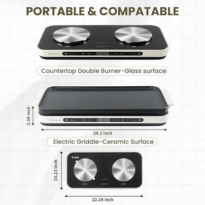 AEWHALE Countertop Double Burners with Removable Griddle Pan Non-stick,1200W+600W Electric Hot Plate with Sensor Touch for Adjustable Temperature/Time