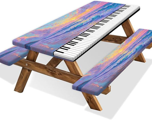 Piano Keyboard Picnic Table Cover with Bench Covers, Camping Essentials, Beach Seaside Sunset Purple Waterproof Windproof, Fitted Tablecloth Cover with Elastic Edge for Outdoor Garden 3 PCS 30x96 Inch