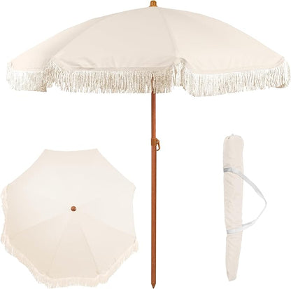 6 Ft Fringe Patio Umbrella - Outdoor Umbrella for Patio, Pool, Table, Garden, Deck, Beach, and Outdoors - Fashionable Boho Vintage Tassels & Wood Print - Push Button Tilt Pole