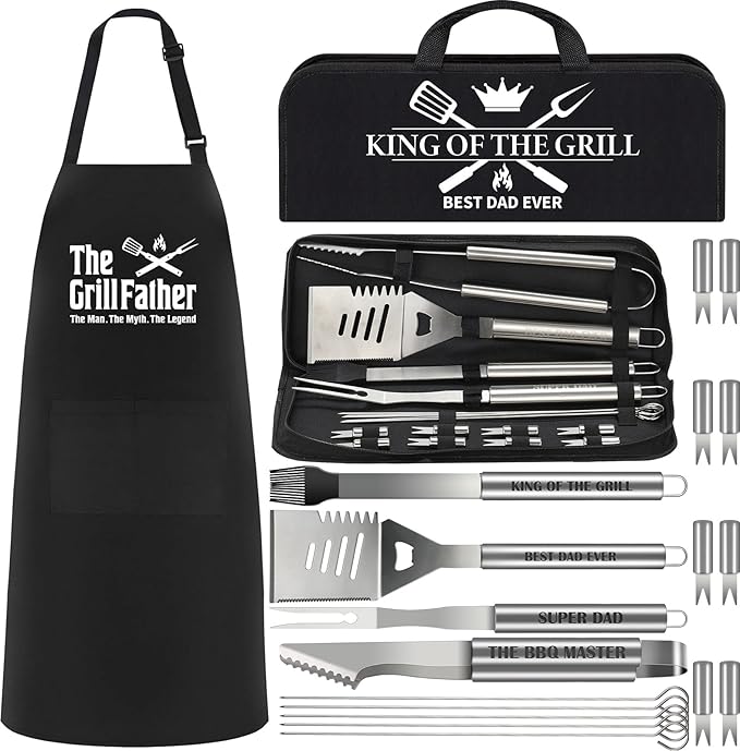 19Pcs Dad Father's Day Gifts from Daughter Son BBQ Grill Tools Set with Apron Portable Bag Heavy Duty Stainless Steel Grilling Utensils Barbecue Accessories Kit for Men Father Papa Birthday Present