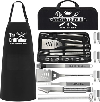 19Pcs Dad Father's Day Gifts from Daughter Son BBQ Grill Tools Set with Apron Portable Bag Heavy Duty Stainless Steel Grilling Utensils Barbecue Accessories Kit for Men Father Papa Birthday Present