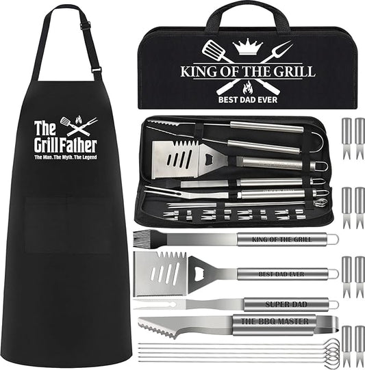 19Pcs Dad Father's Day Gifts from Daughter Son BBQ Grill Tools Set with Apron Portable Bag Heavy Duty Stainless Steel Grilling Utensils Barbecue Accessories Kit for Men Father Papa Birthday Present