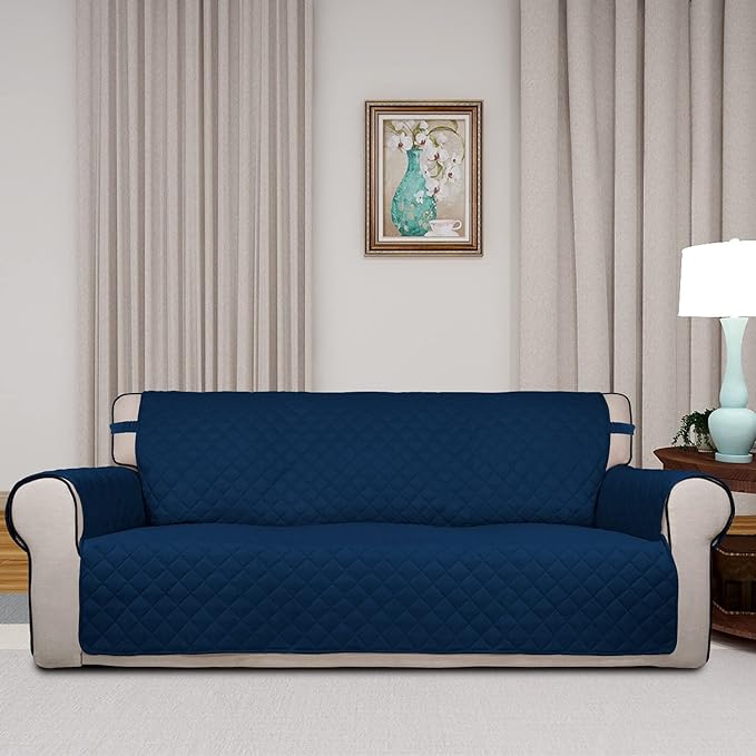 PureFit Reversible Quilted Sofa Cover Dog Couch Covers for Sofa, 66 in | Navy/Navy, Water Resistant Couch Protector, Washable Pet Couch Cover with Non Slip and Elastic Straps For Kids