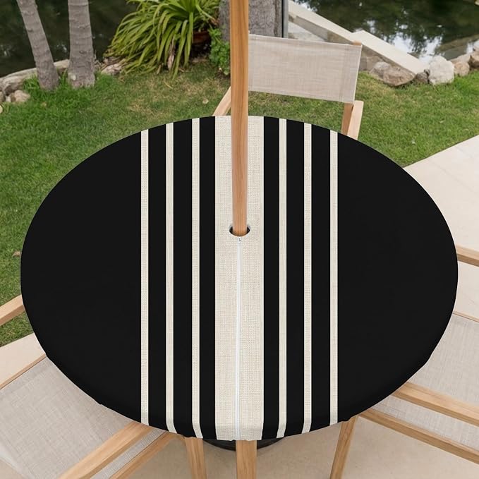 Outdoor Fitted Tablecloth with Umbrella Hole and Zipper, Black Beige Striped Elastic Round Patio Table Cover, Farmhouse Retro Lines Modern Windproof Table Protector for Backyard BBQ Party 31''-35''