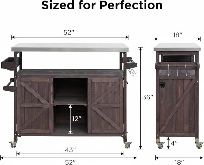 50" Outdoor Kitchen Island Grill Cart with 201 Stainless Steel Top, Solid Fir Wood, Modular Design, Internal Storage & Adjustable Shelves, 4 Lockable Wheels, 400LBS Capacity for Patio BBQ, Brown