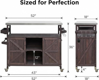 50" Outdoor Kitchen Island Grill Cart with 201 Stainless Steel Top, Solid Fir Wood, Modular Design, Internal Storage & Adjustable Shelves, 4 Lockable Wheels, 400LBS Capacity for Patio BBQ, Brown