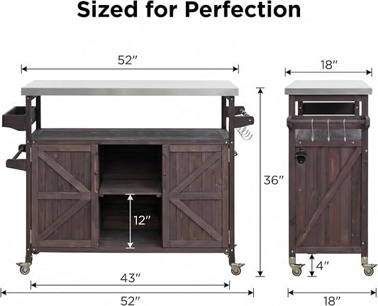 50" Outdoor Kitchen Island Grill Cart with 201 Stainless Steel Top, Solid Fir Wood, Modular Design, Internal Storage & Adjustable Shelves, 4 Lockable Wheels, 400LBS Capacity for Patio BBQ, Brown