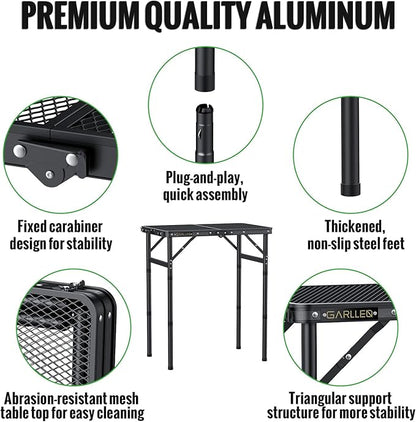GARLLEN 2ft Folding Grill Table Max Capacity 66lbs, 3-Height Adjustable Folding Camping Table with Heat-Resistant Mesh Tabletop, Portable Aluminum Picnic Tables for BBQ, Outdoor, 22.8" L x 15.7" W