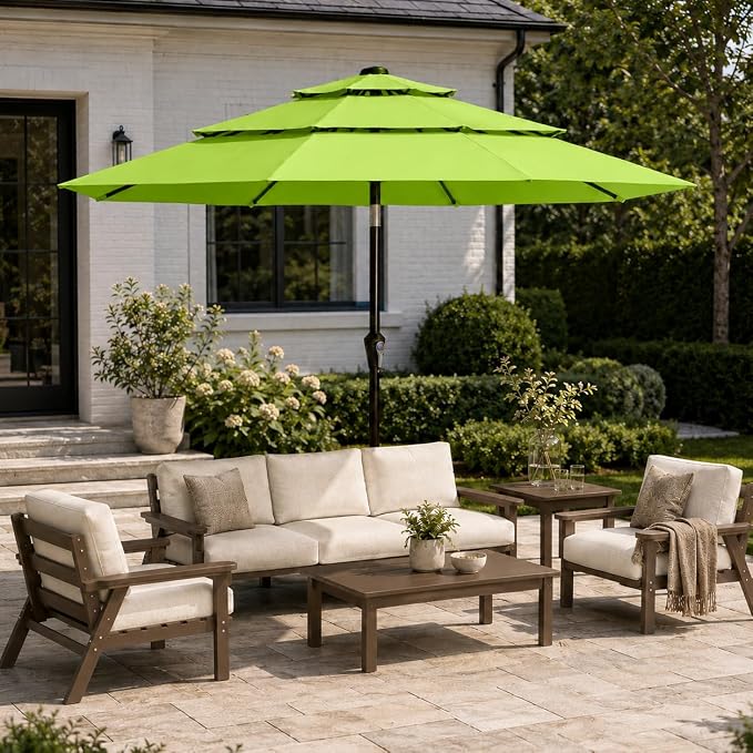 10ft Patio Umbrella, 3-Tier Vented Outdoor Table Umbrella with 8 Sturdy Fiberglass Ribs, Windproof Market Umbrella with Push Button Tilt and Crank, UV Protection for Deck, Pool, Apple Green