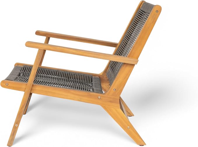 Christopher Knight Home Veera Patio Lounge Chair Set of 2, Acacia Wood Frame, Handwoven Rope, Mid-Century Modern, Dark Grey & Teak