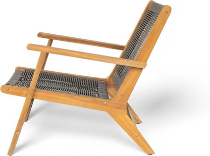Christopher Knight Home Veera Patio Lounge Chair Set of 2, Acacia Wood Frame, Handwoven Rope, Mid-Century Modern, Dark Grey & Teak