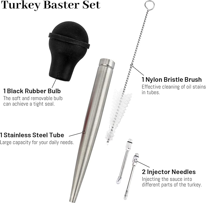 Turkey Baster Syringe for Cooking, Large Stainless Steel Meat Injector, with Cleaning Brush and 2 Marinade Needles, Black