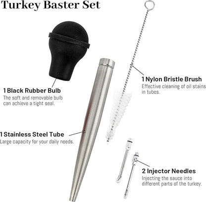 Turkey Baster Syringe for Cooking, Large Stainless Steel Meat Injector, with Cleaning Brush and 2 Marinade Needles, Black