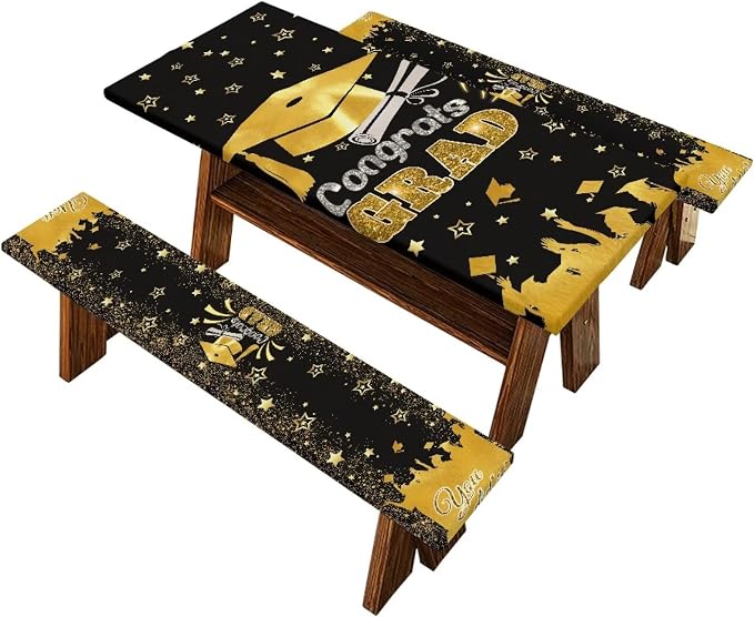 Graduation Decorations Class of 2025 Tablecloth - 3 Pcs Elastic Congrats Grad Table Cloth for Graduation Party Decorations