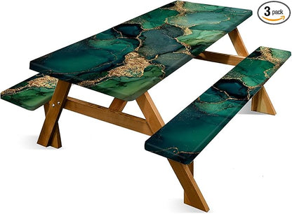 Marble Picnic Table Cover with Table Cover, Elastic Tablecloth for Outdoor Picnic Tables, Jade Green and Gold Texture Design, Tablecloth for Camping, Barbecue and Terrace Dining