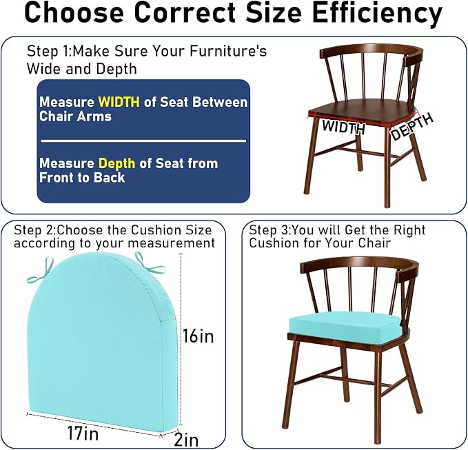 Topotdor Outdoor Chair Cushions Set of 2, 17"x16"x2" Waterproof Patio Chair Cushions for Outdoor Furniture, Round Corner Outdoor Seat Cushions Color Fastness Chair Pads with Ties, Teal