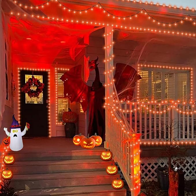 QITONG 165ft 500 LED Orange String Lights, Twinkle Lights Outdoor Waterproof with 8 Modes, Green Wire Orange Christmas Light Plug in Indoor with Timer Memory
