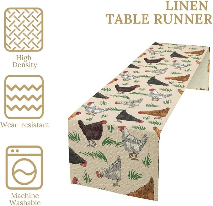 Chicken Hen Table Runner, Black White Eggs Plaid Polka Dots Farm Kitchen Dining Table Home Kitchen Dining Table Indoor Outdoor Farmhouse Decor 13x90 Inch