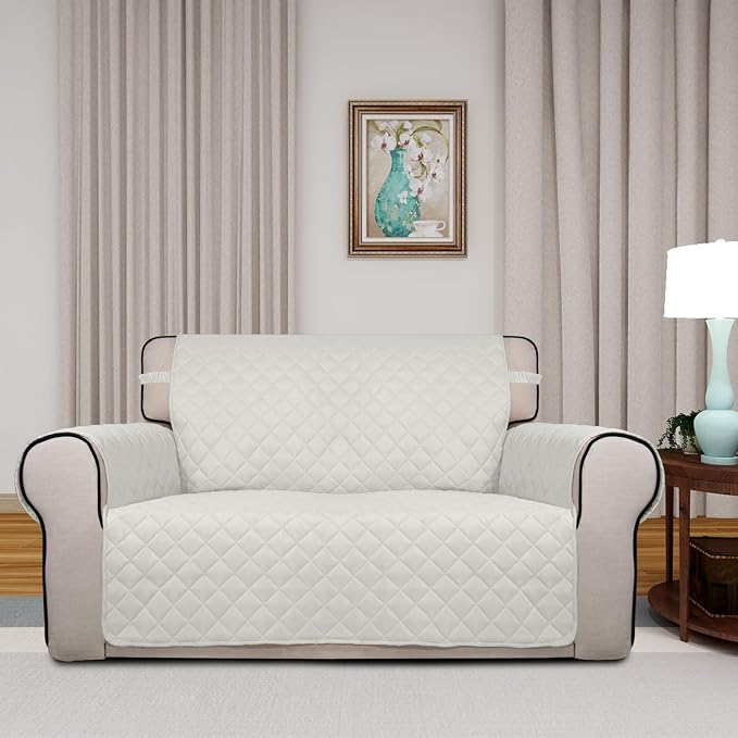 PureFit Reversible Quilted Couch Covers for Dogs Loveseat Sofa Cover 46.5” | Ivory/Ivory, Water Resistant Couch Protector, Washable Pet Couch Cover with Non Slip and Elastic Straps For Kids