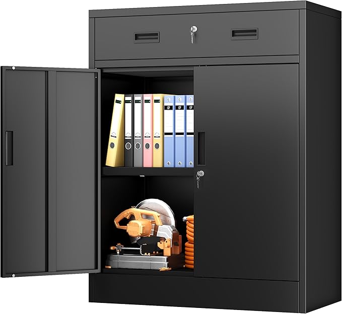 BESFUR Metal Storage Cabinet, Garage Storage Cabinet with One Drawer and Adjustable Shelf, Locking Short Storage Cabinet for Office Garage Home, Black Metal Cabinets(36" H x 27.5" W x 16" D)