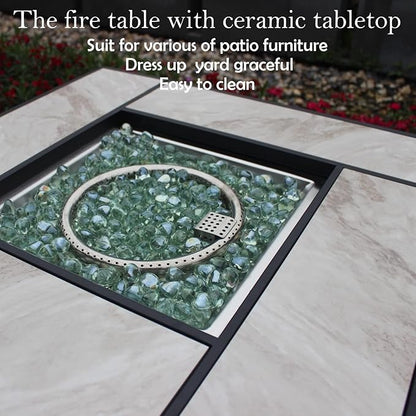 OutVue 30" Propane Fire Pit with Real Ceramic Tabletop, 50000 BTU Gas Firepit Table with Lid & Glass Rock, Outdoor Fire Pit for Dining or Party, Firepit for Outside, Patio, Garden, Yard
