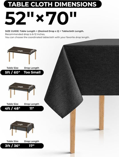 Decorelia Waterproof Farmhouse Table Cloth for 4 Ft Rectangle Table, Anti-Scratches Small Outdoor Dining Table Cloth for Party, Camping, Banquet and Wedding (Oblong, 52 x 70 Inch (4-6 Seats), Black)