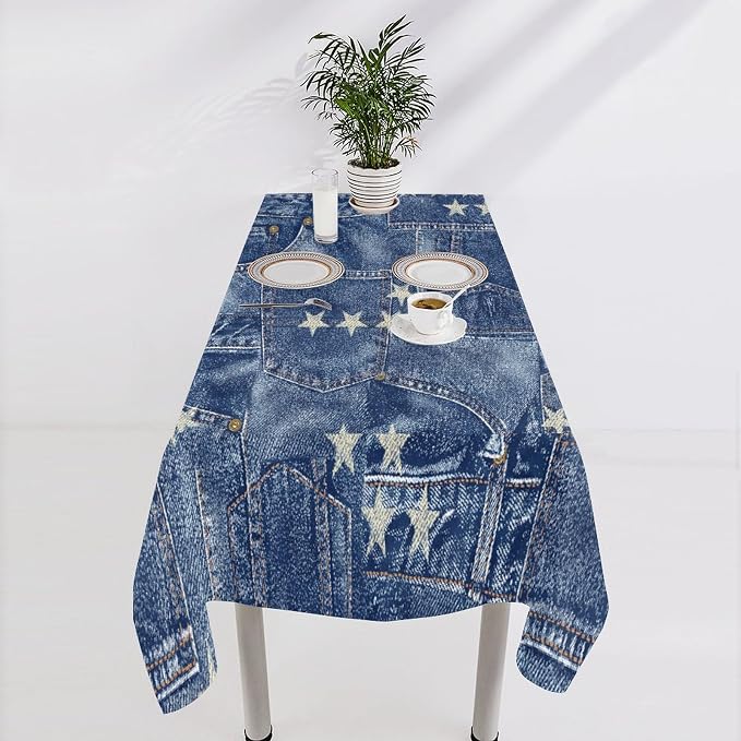 Denim Patchwork Style Tablecloth, Fashionable Blue Denim Jean Pocket Design Water Resistant Wipeable Table Cover for Farmhouse Picnic Party Holiday Kitchen Dinner Table 55"x75"