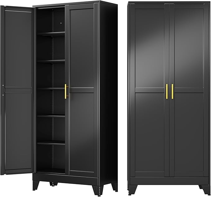 75" Metal Garage Storage Cabinet with 2 Doors and 5 Adjustable Shelves,Metal Storage Cabinets,Steel Tool Cabinets for Home,Office,Garage,Warehouse,Widen (Black, 75''H x 32''W x 16''D-B)