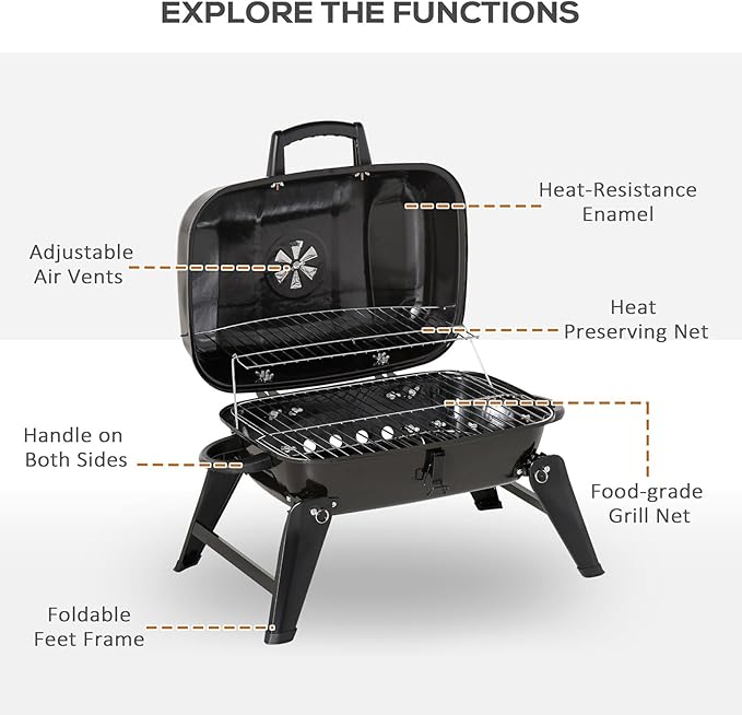 14" Tabletop Portable Charcoal Grill, Compact Small BBQ with Enamel Coating, Adjustable Vent & Folding Legs for Outdoor Cooking, Camping & Tailgating