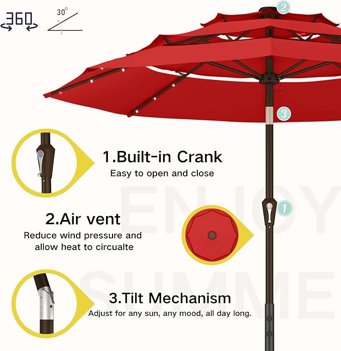 Kingdura 9ft 3-Tier Patio Umbrella with Solar Lights, Table Umbrella Outdoor Patio with Easy Crank & Tilt, 8 Sturdy Ribs, UV Protection, 32 LED Lights for Deck, Poolside, Market (Red)