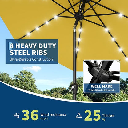 Garvee patio Umbrella with Solar Lights, Outdoor Table Umbrella with 8 Durable Ribs, Tilt & Crank Mechanism, Waterproof & UV Protection for Garden, Backyard, Poolside,