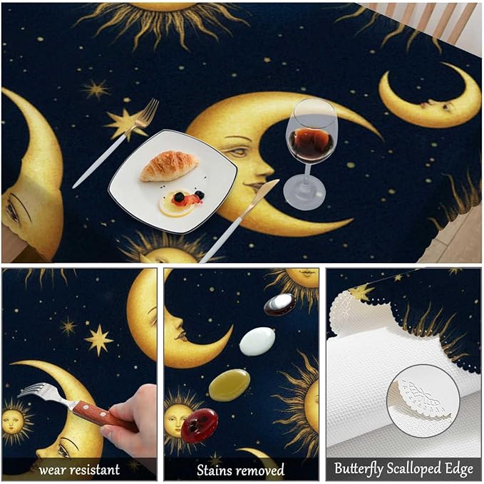 Swono Sun and Moon Table Cloth Gold Galaxy Sun Moon Rectangle Tablecloth Picnic Table Cover BBQ Table Cloths Polyester for Kitchen 50x72 Inch