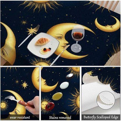 Swono Sun and Moon Table Cloth Gold Galaxy Sun Moon Rectangle Tablecloth Picnic Table Cover BBQ Table Cloths Polyester for Kitchen 50x72 Inch